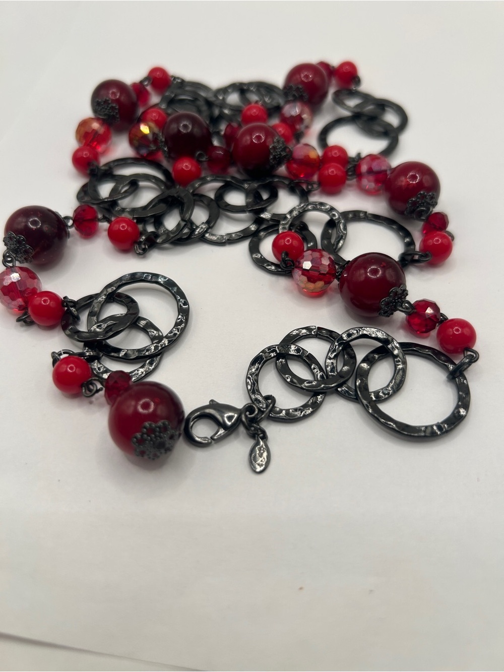 Red Beaded Long Necklace with Textured Rings​ - Picture 10 of 12